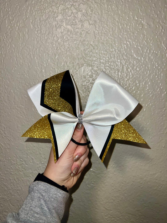 White Satin with Gold Glitter and Black Accents Bow