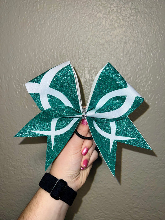 Teal and White Swirl Bow